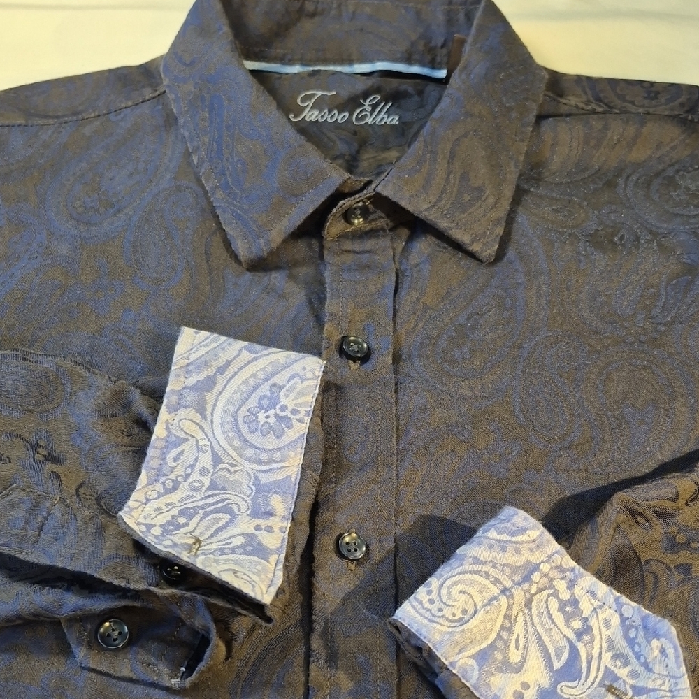 Tasso Elba Men's Vibrant Blue and Black Paisley Button Down Long Sleeve Shirt